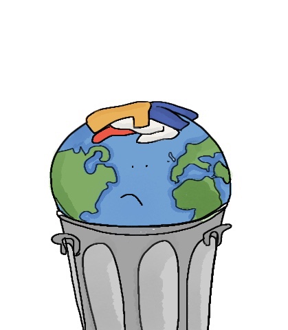 A drawing of the globe in a dustbin, with clothing piled on top.