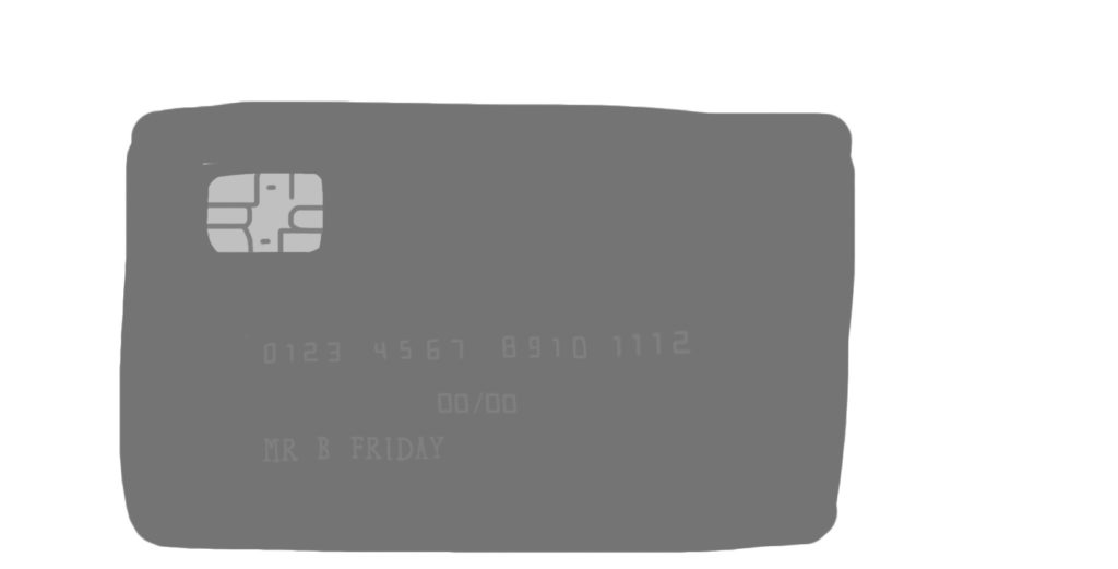 A drawing of a black credit card for "Mr B Friday".