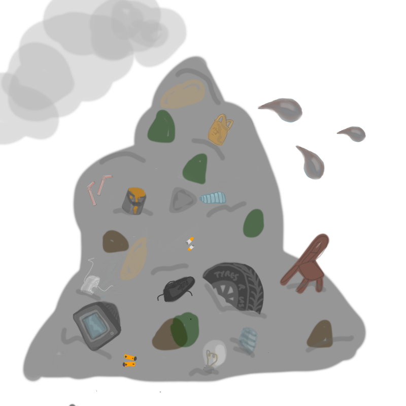 drawing of a rubbish heap, featuring various objects, a cloud of methane and leachate spilling out